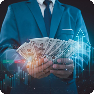 Person mit Geld und Aktiencharts